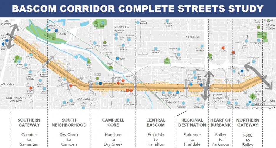 Map showing the segments of the Bascom Avenue Complete Streets Study corridor